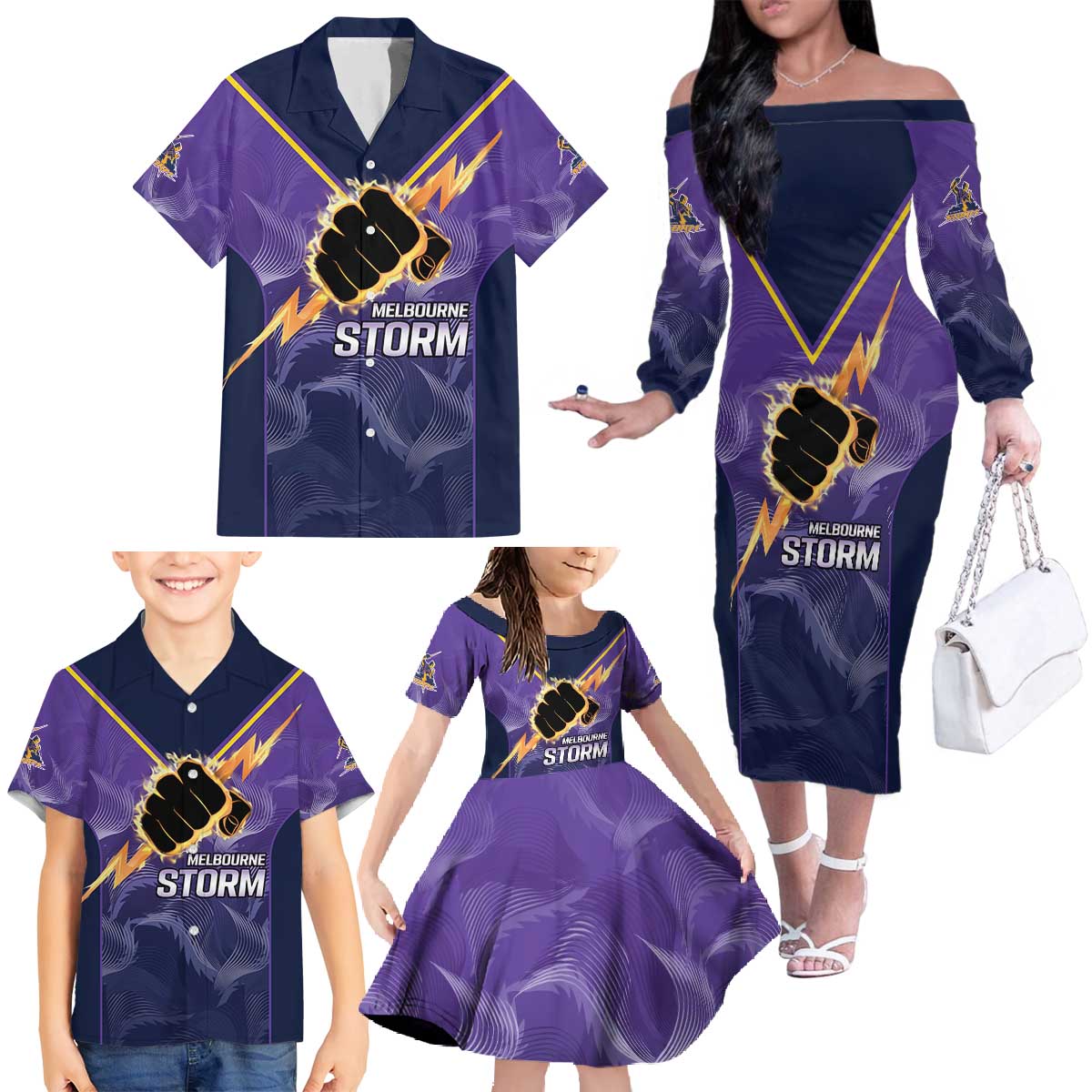 NRL Storm Custom Family Matching Off The Shoulder Long Sleeve Dress and Hawaiian Shirt Minimalism Style