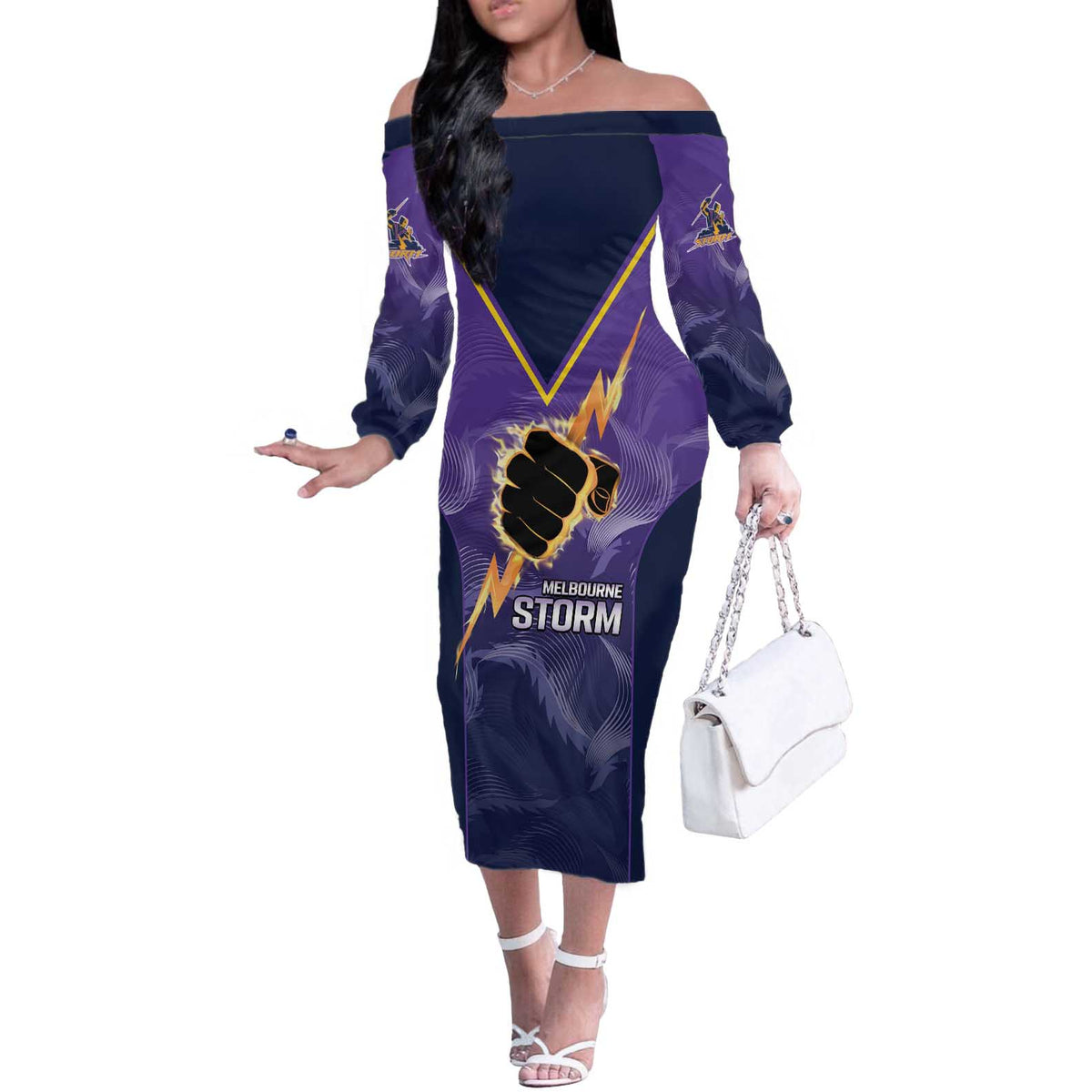 NRL Storm Custom Off The Shoulder Long Sleeve Dress Minimalism Style
