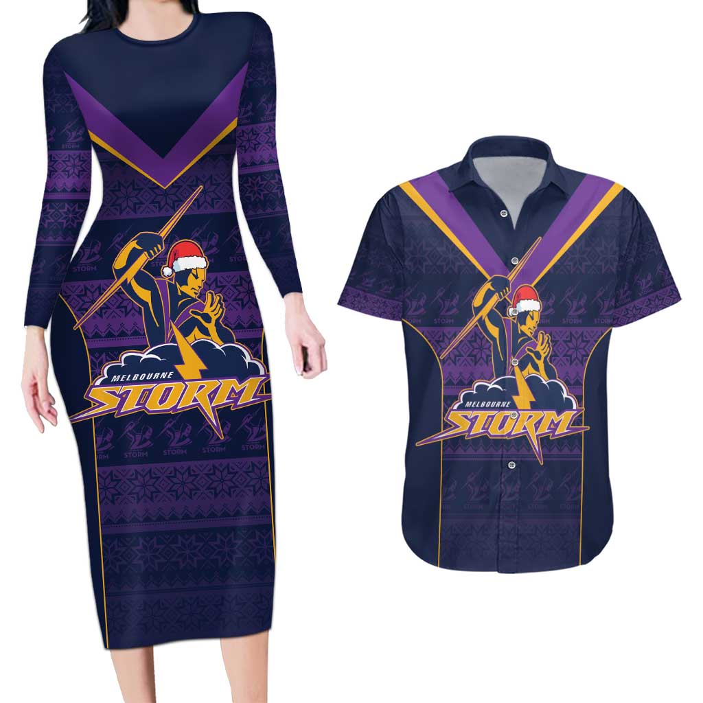 NRL Storm Christmas Custom Couples Matching Long Sleeve Bodycon Dress and Hawaiian Shirt Minimalism Style