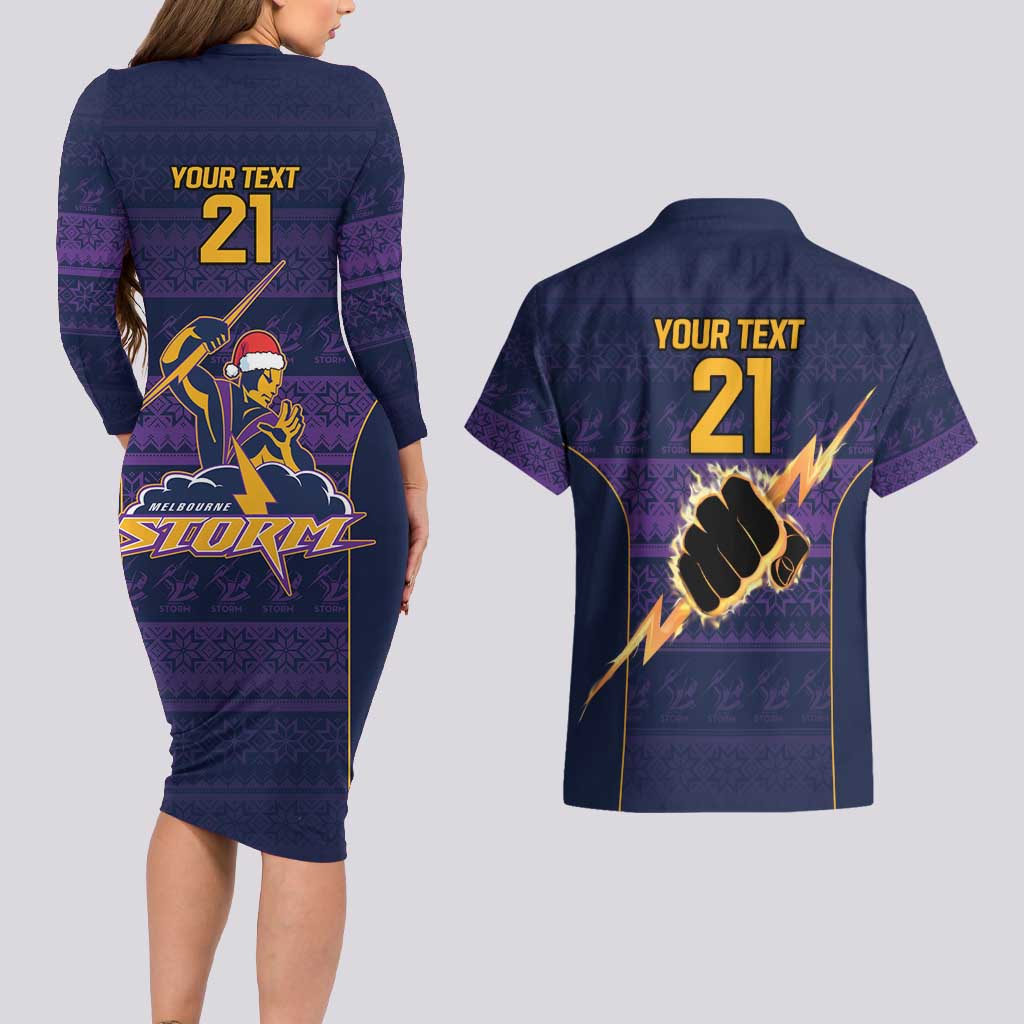 NRL Storm Christmas Custom Couples Matching Long Sleeve Bodycon Dress and Hawaiian Shirt Minimalism Style