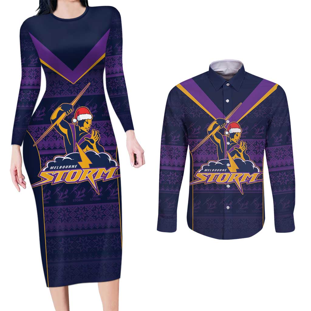 NRL Storm Christmas Custom Couples Matching Long Sleeve Bodycon Dress and Long Sleeve Button Shirt Minimalism Style