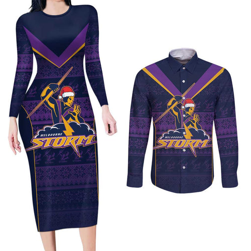 NRL Storm Christmas Custom Couples Matching Long Sleeve Bodycon Dress and Long Sleeve Button Shirt Minimalism Style