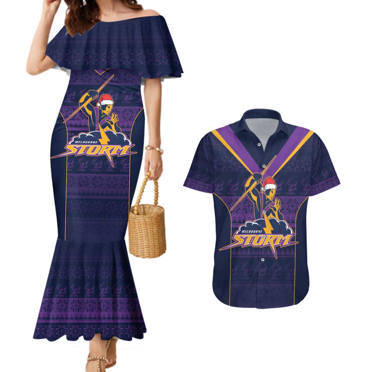 NRL Storm Christmas Custom Couples Matching Mermaid Dress and Hawaiian Shirt Minimalism Style
