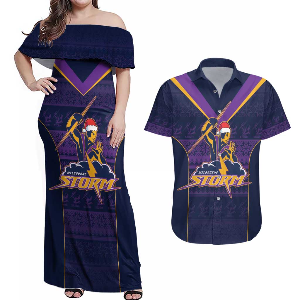 NRL Storm Christmas Custom Couples Matching Off Shoulder Maxi Dress and Hawaiian Shirt Minimalism Style