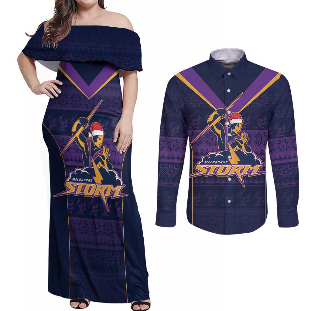 NRL Storm Christmas Custom Couples Matching Off Shoulder Maxi Dress and Long Sleeve Button Shirt Minimalism Style