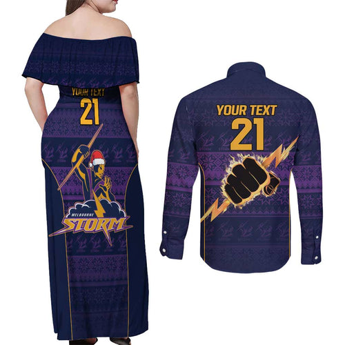 NRL Storm Christmas Custom Couples Matching Off Shoulder Maxi Dress and Long Sleeve Button Shirt Minimalism Style