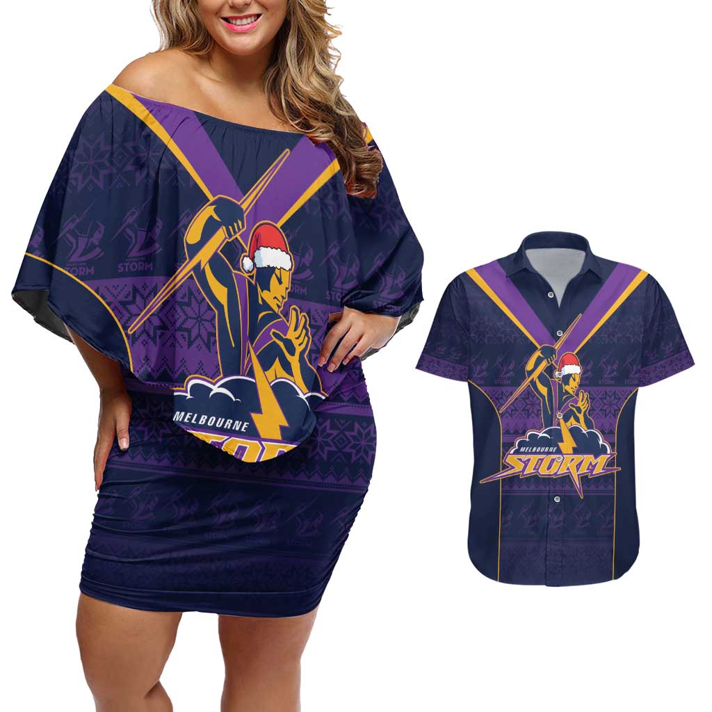 NRL Storm Christmas Custom Couples Matching Off Shoulder Short Dress and Hawaiian Shirt Minimalism Style