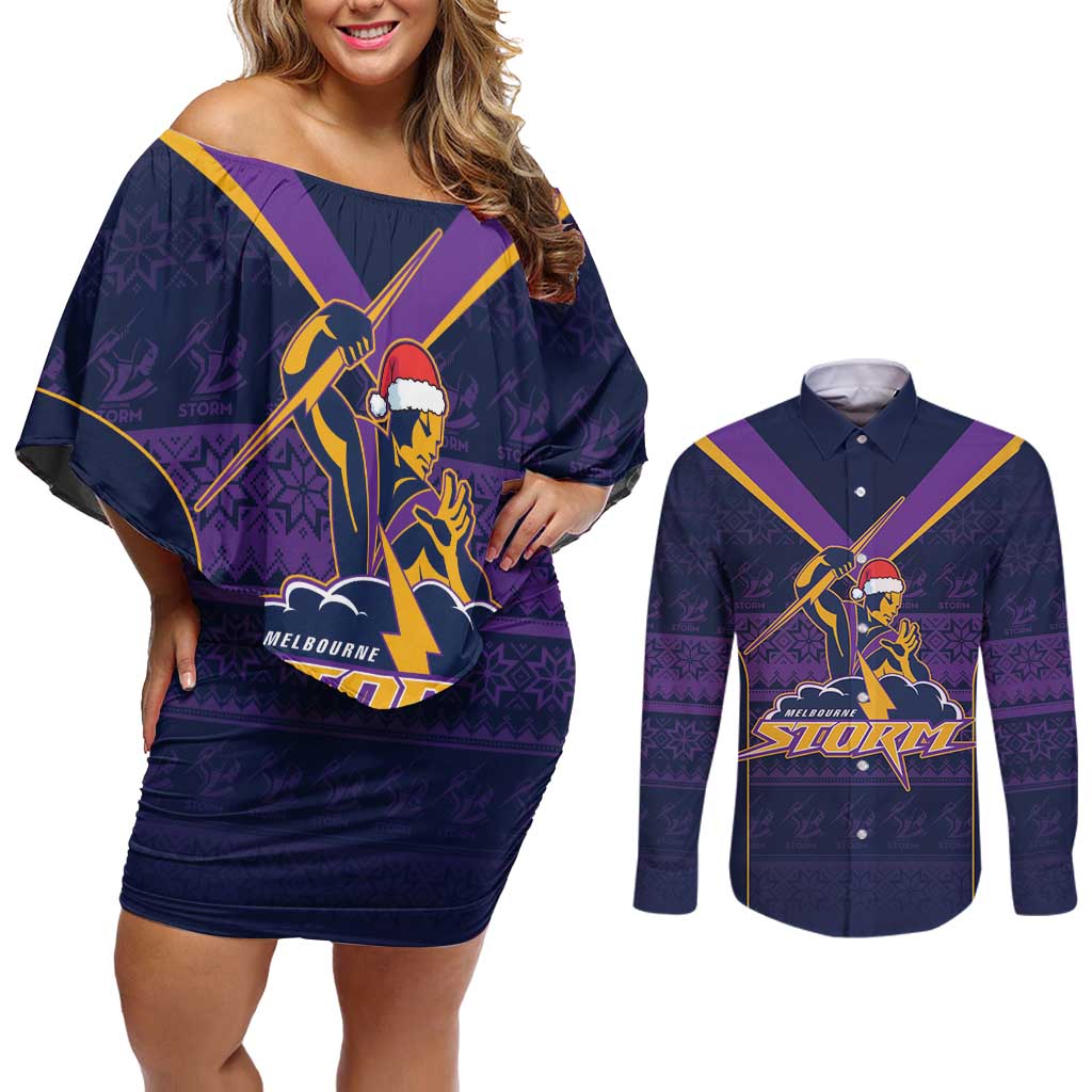 NRL Storm Christmas Custom Couples Matching Off Shoulder Short Dress and Long Sleeve Button Shirt Minimalism Style