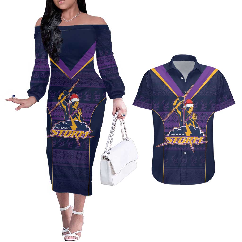 NRL Storm Christmas Custom Couples Matching Off The Shoulder Long Sleeve Dress and Hawaiian Shirt Minimalism Style