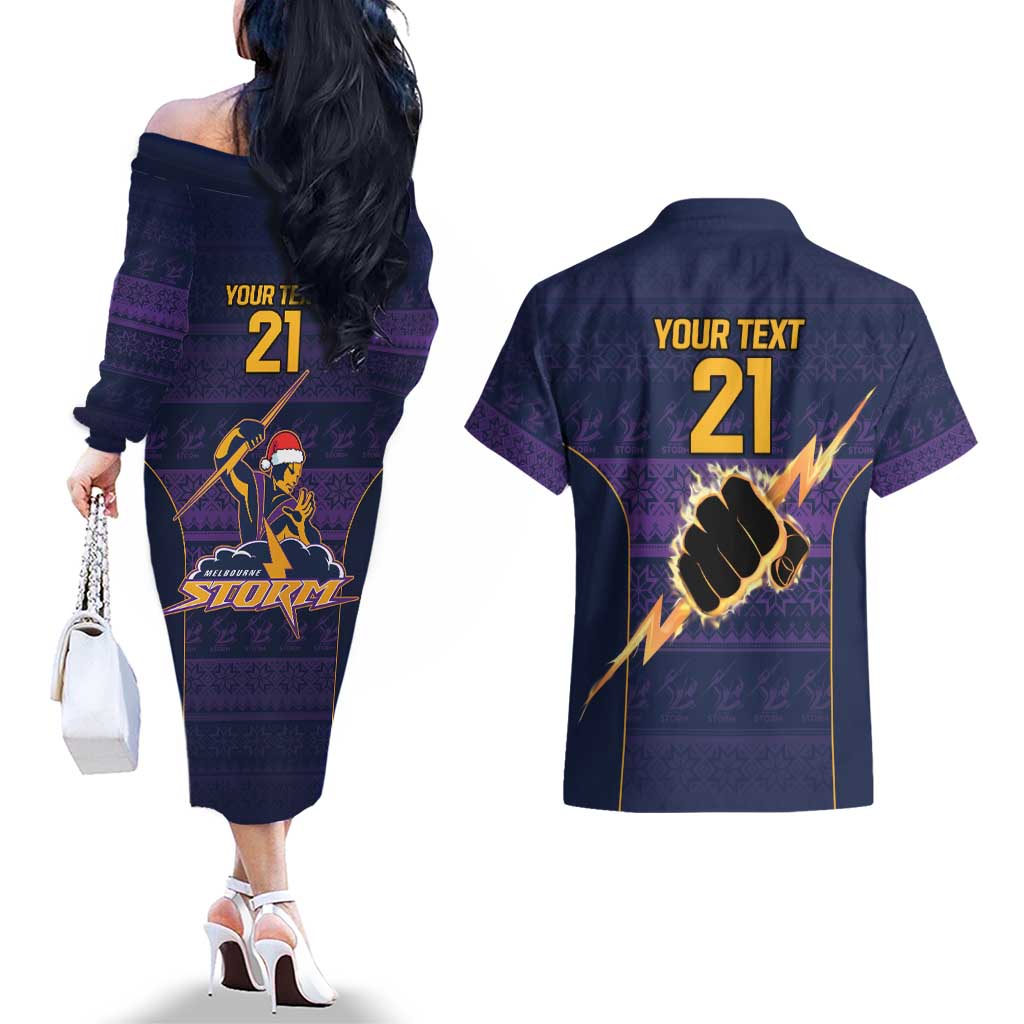 NRL Storm Christmas Custom Couples Matching Off The Shoulder Long Sleeve Dress and Hawaiian Shirt Minimalism Style