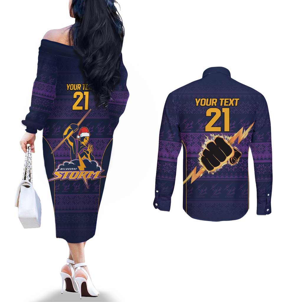 NRL Storm Christmas Custom Couples Matching Off The Shoulder Long Sleeve Dress and Long Sleeve Button Shirt Minimalism Style