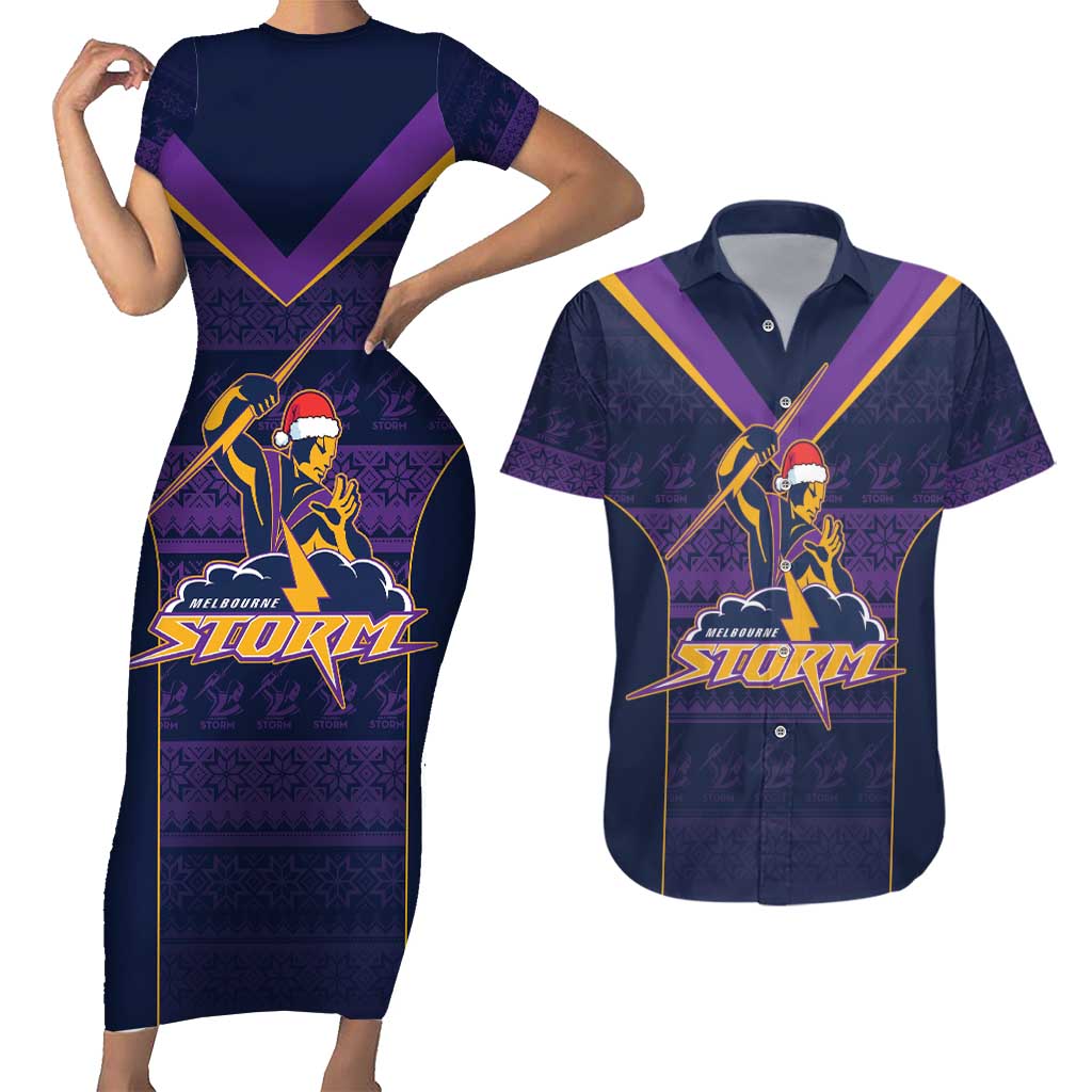 NRL Storm Christmas Custom Couples Matching Short Sleeve Bodycon Dress and Hawaiian Shirt Minimalism Style