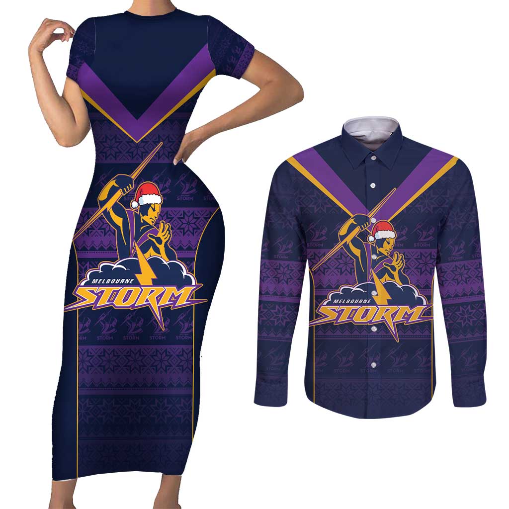 NRL Storm Christmas Custom Couples Matching Short Sleeve Bodycon Dress and Long Sleeve Button Shirt Minimalism Style