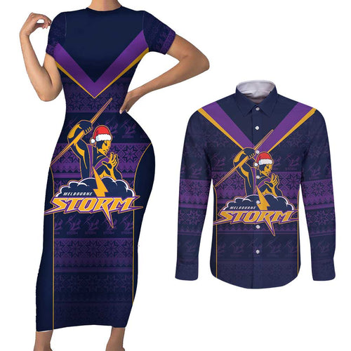 NRL Storm Christmas Custom Couples Matching Short Sleeve Bodycon Dress and Long Sleeve Button Shirt Minimalism Style