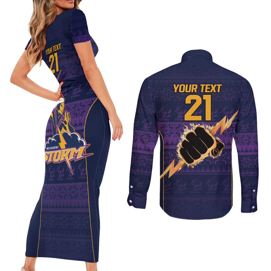 NRL Storm Christmas Custom Couples Matching Short Sleeve Bodycon Dress and Long Sleeve Button Shirt Minimalism Style