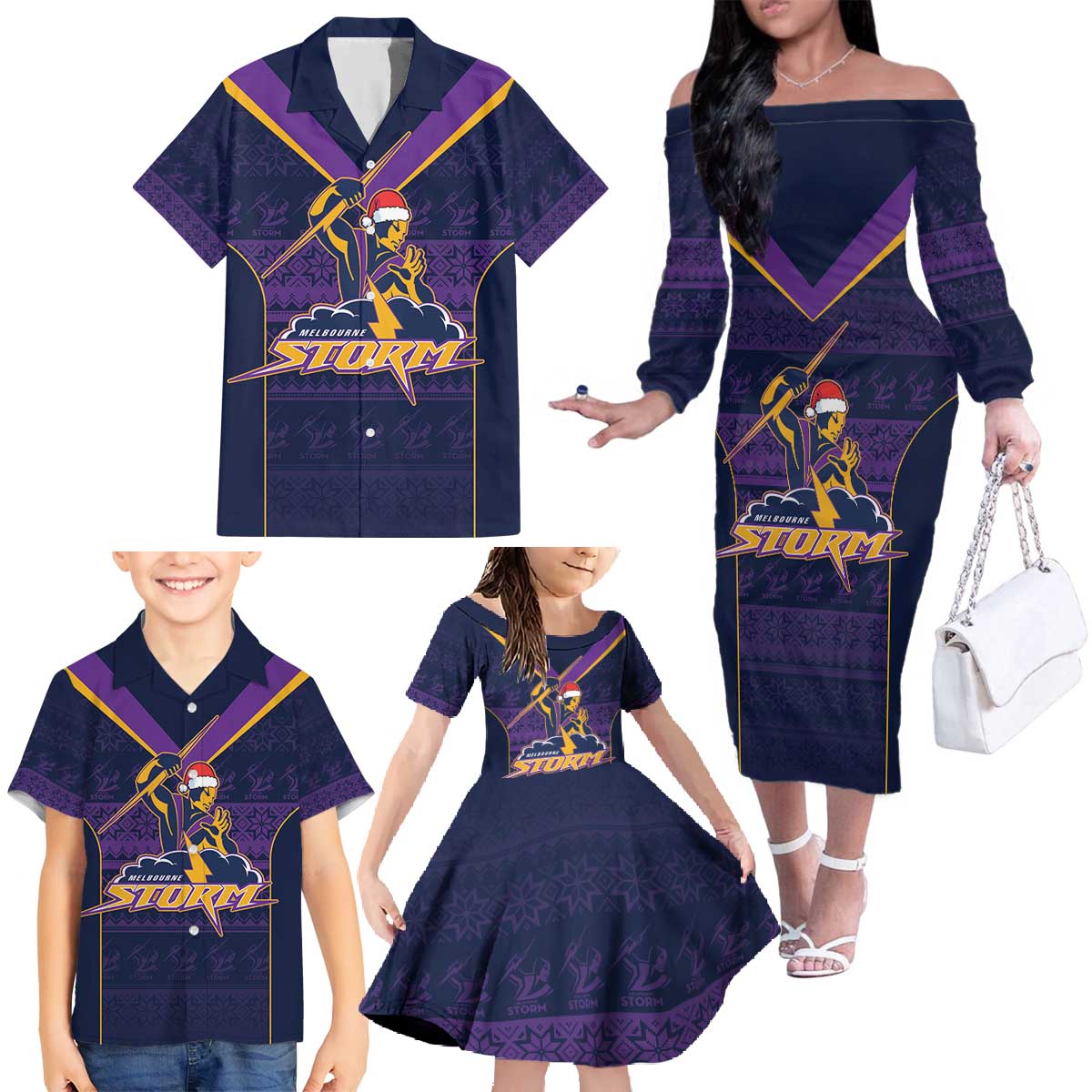 NRL Storm Christmas Custom Family Matching Off The Shoulder Long Sleeve Dress and Hawaiian Shirt Minimalism Style