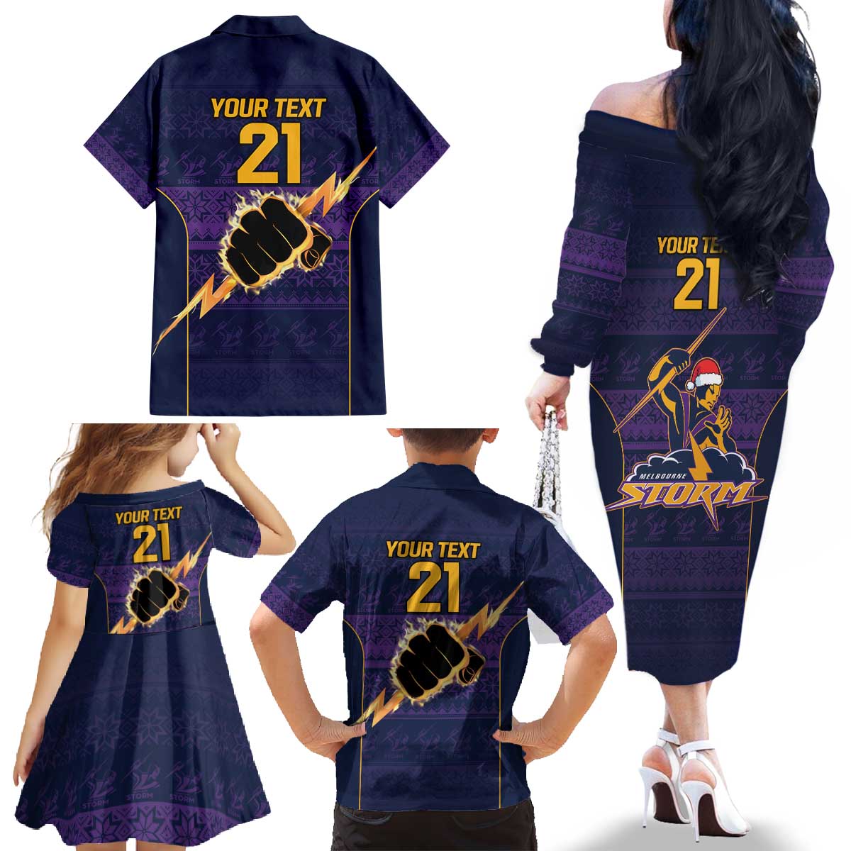NRL Storm Christmas Custom Family Matching Off The Shoulder Long Sleeve Dress and Hawaiian Shirt Minimalism Style