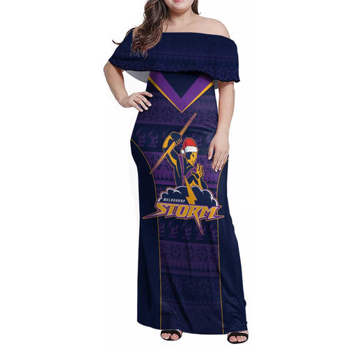 NRL Storm Christmas Custom Family Matching Off Shoulder Maxi Dress and Hawaiian Shirt Minimalism Style