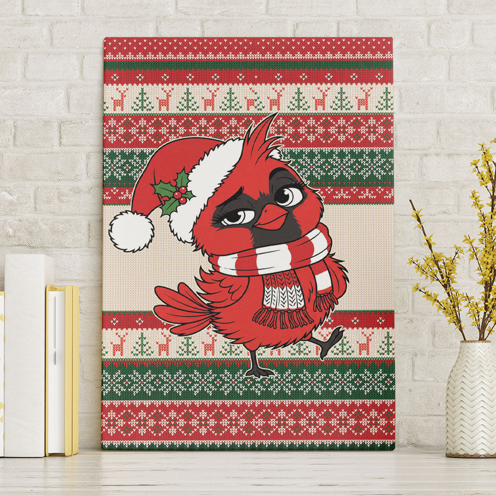 Aussie Cardinal Christmas Canvas Wall Art Festive Knitted Pattern Inspired
