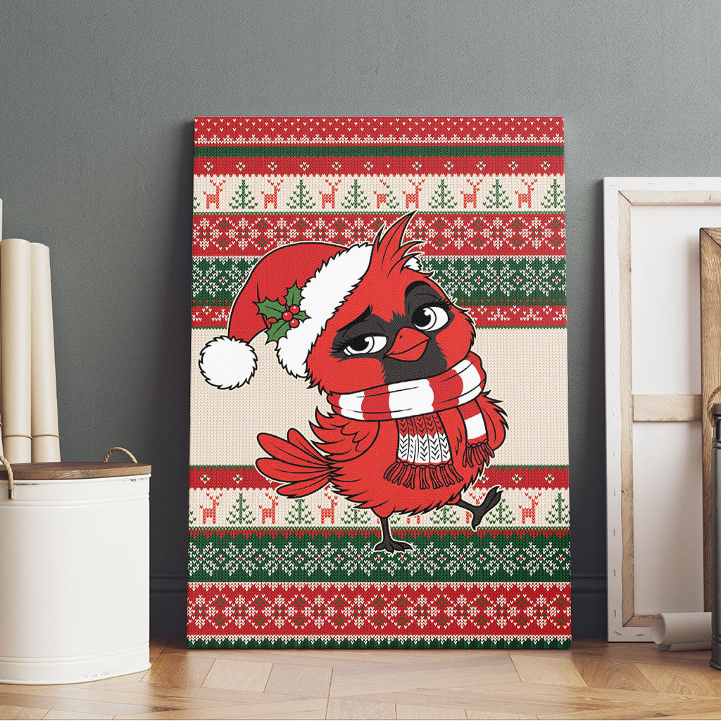 Aussie Cardinal Christmas Canvas Wall Art Festive Knitted Pattern Inspired