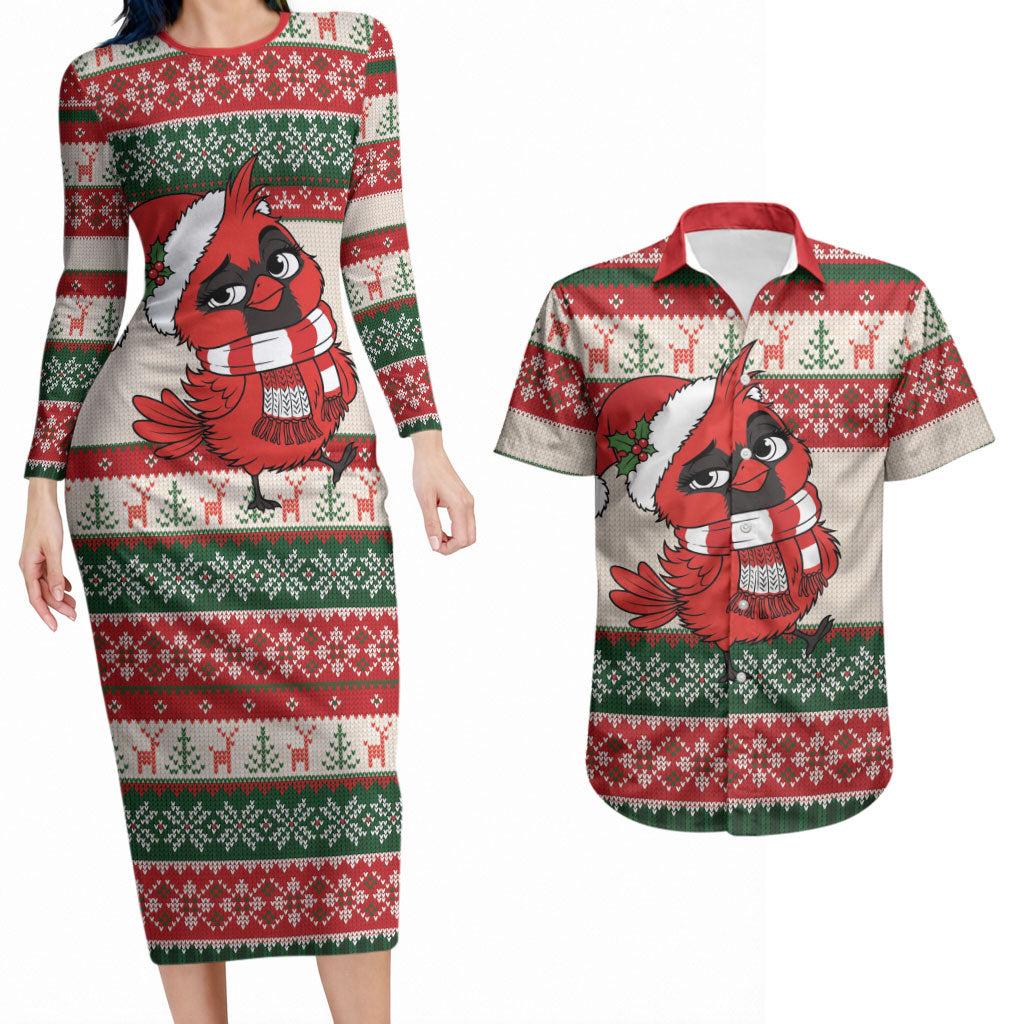 Aussie Cardinal Christmas Couples Matching Long Sleeve Bodycon Dress and Hawaiian Shirt Festive Knitted Pattern Inspired
