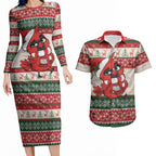 Aussie Cardinal Christmas Couples Matching Long Sleeve Bodycon Dress and Hawaiian Shirt Festive Knitted Pattern Inspired