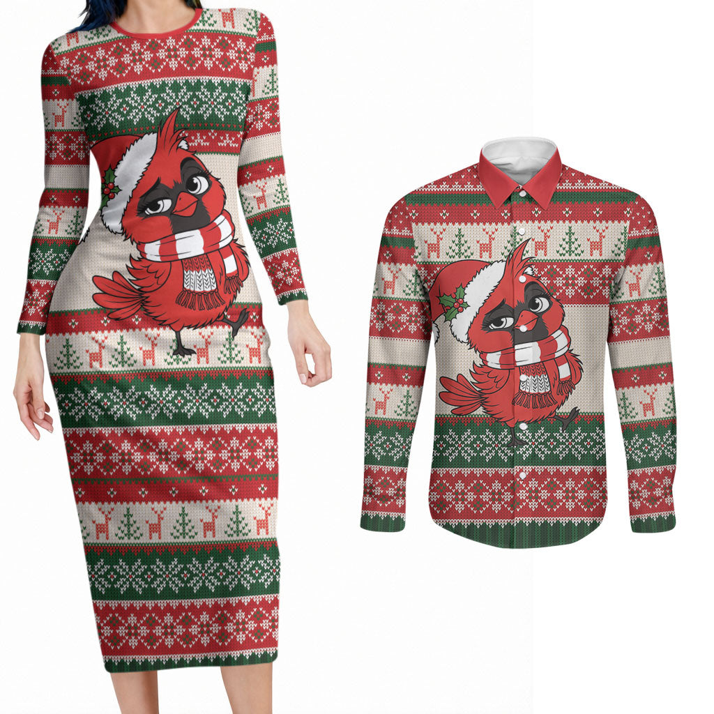 Aussie Cardinal Christmas Couples Matching Long Sleeve Bodycon Dress and Long Sleeve Button Shirt Festive Knitted Pattern Inspired