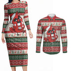 Aussie Cardinal Christmas Couples Matching Long Sleeve Bodycon Dress and Long Sleeve Button Shirt Festive Knitted Pattern Inspired