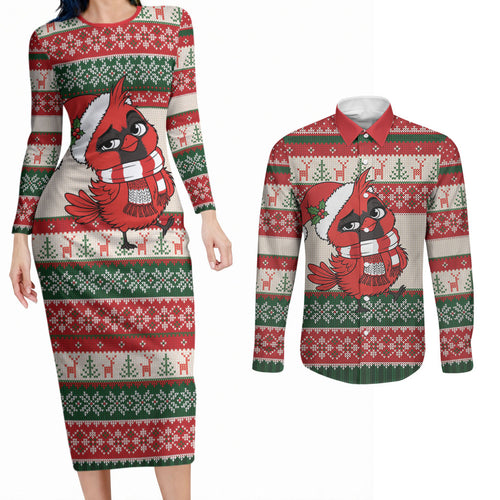 Aussie Cardinal Christmas Couples Matching Long Sleeve Bodycon Dress and Long Sleeve Button Shirt Festive Knitted Pattern Inspired