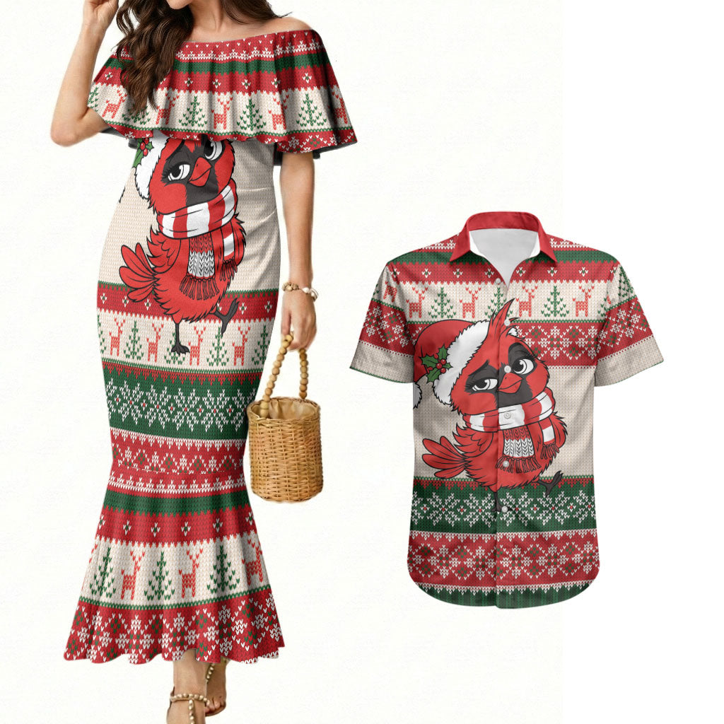 Aussie Cardinal Christmas Couples Matching Mermaid Dress and Hawaiian Shirt Festive Knitted Pattern Inspired