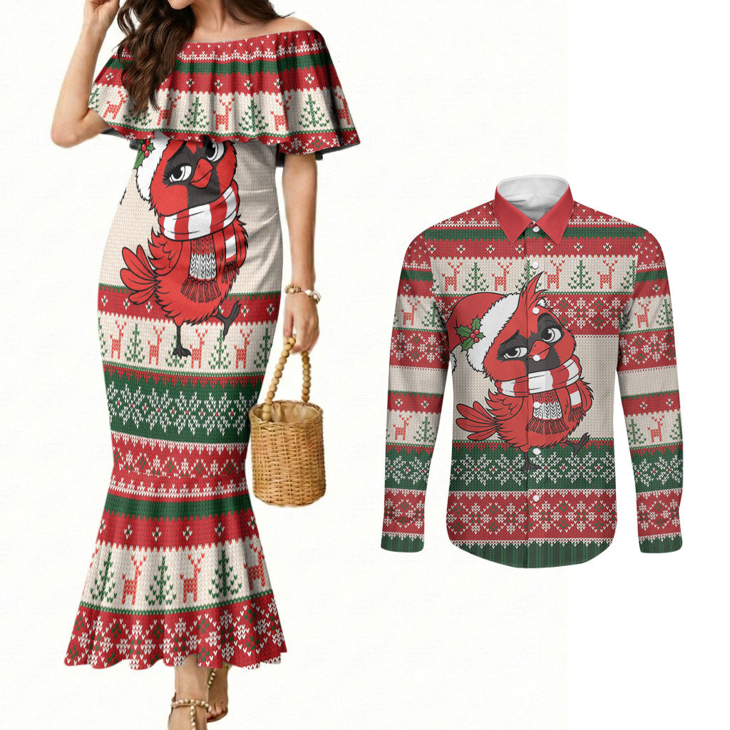 Aussie Cardinal Christmas Couples Matching Mermaid Dress and Long Sleeve Button Shirt Festive Knitted Pattern Inspired