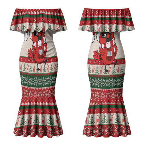 Aussie Cardinal Christmas Couples Matching Mermaid Dress and Long Sleeve Button Shirt Festive Knitted Pattern Inspired