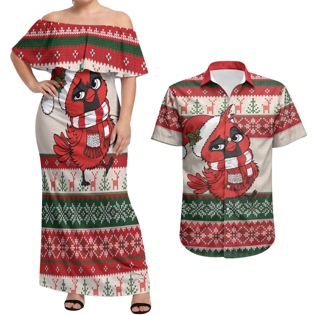 Aussie Cardinal Christmas Couples Matching Off Shoulder Maxi Dress and Hawaiian Shirt Festive Knitted Pattern Inspired