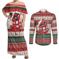 Aussie Cardinal Christmas Couples Matching Off Shoulder Maxi Dress and Long Sleeve Button Shirt Festive Knitted Pattern Inspired