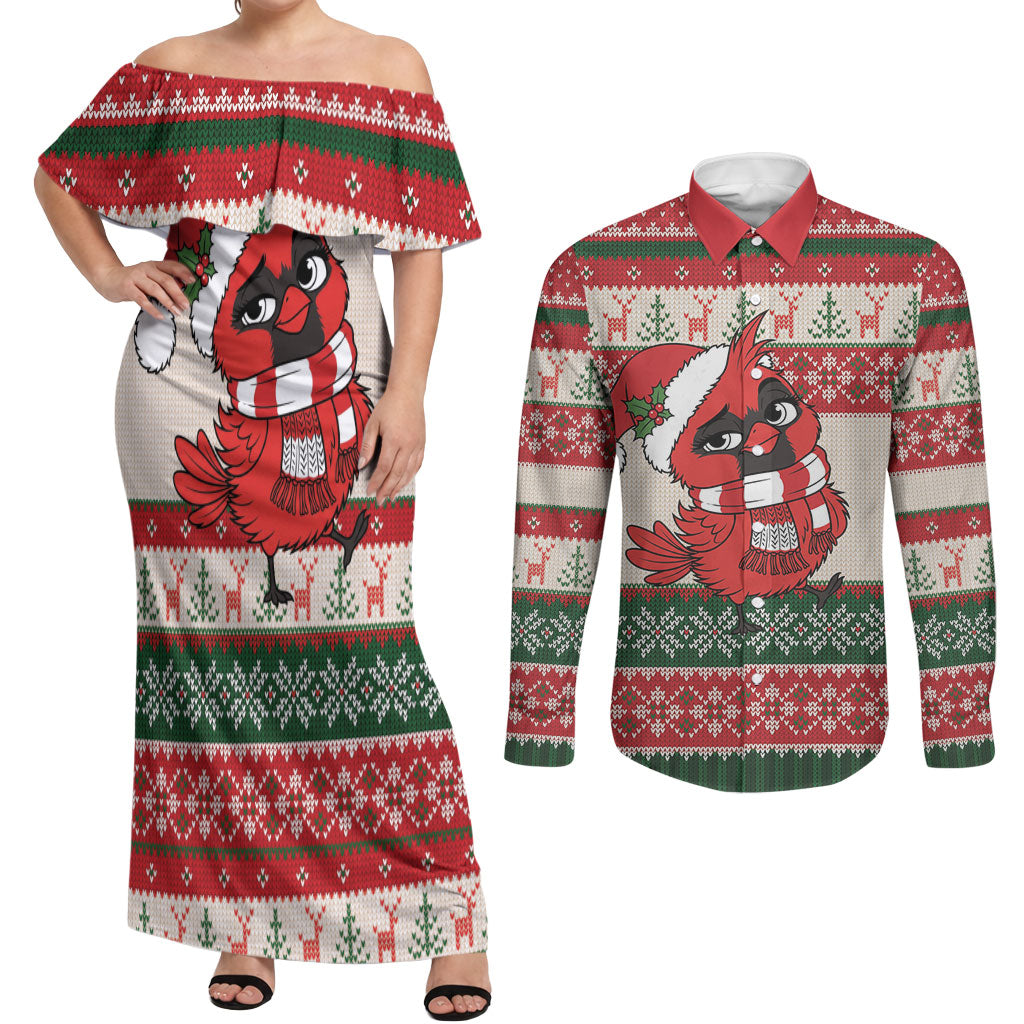 Aussie Cardinal Christmas Couples Matching Off Shoulder Maxi Dress and Long Sleeve Button Shirt Festive Knitted Pattern Inspired