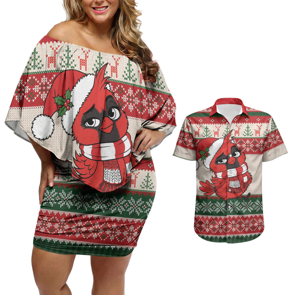 Aussie Cardinal Christmas Couples Matching Off Shoulder Short Dress and Hawaiian Shirt Festive Knitted Pattern Inspired