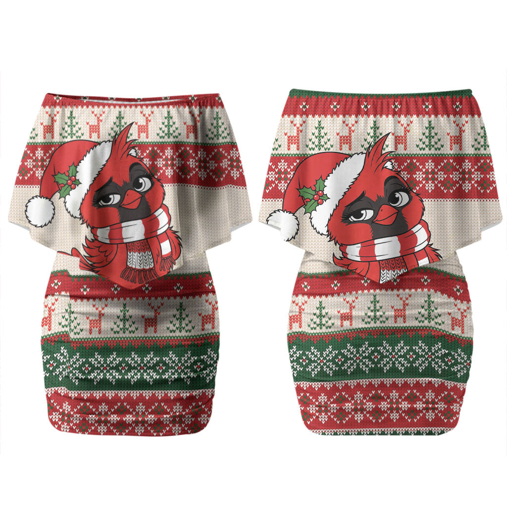 Aussie Cardinal Christmas Couples Matching Off Shoulder Short Dress and Hawaiian Shirt Festive Knitted Pattern Inspired