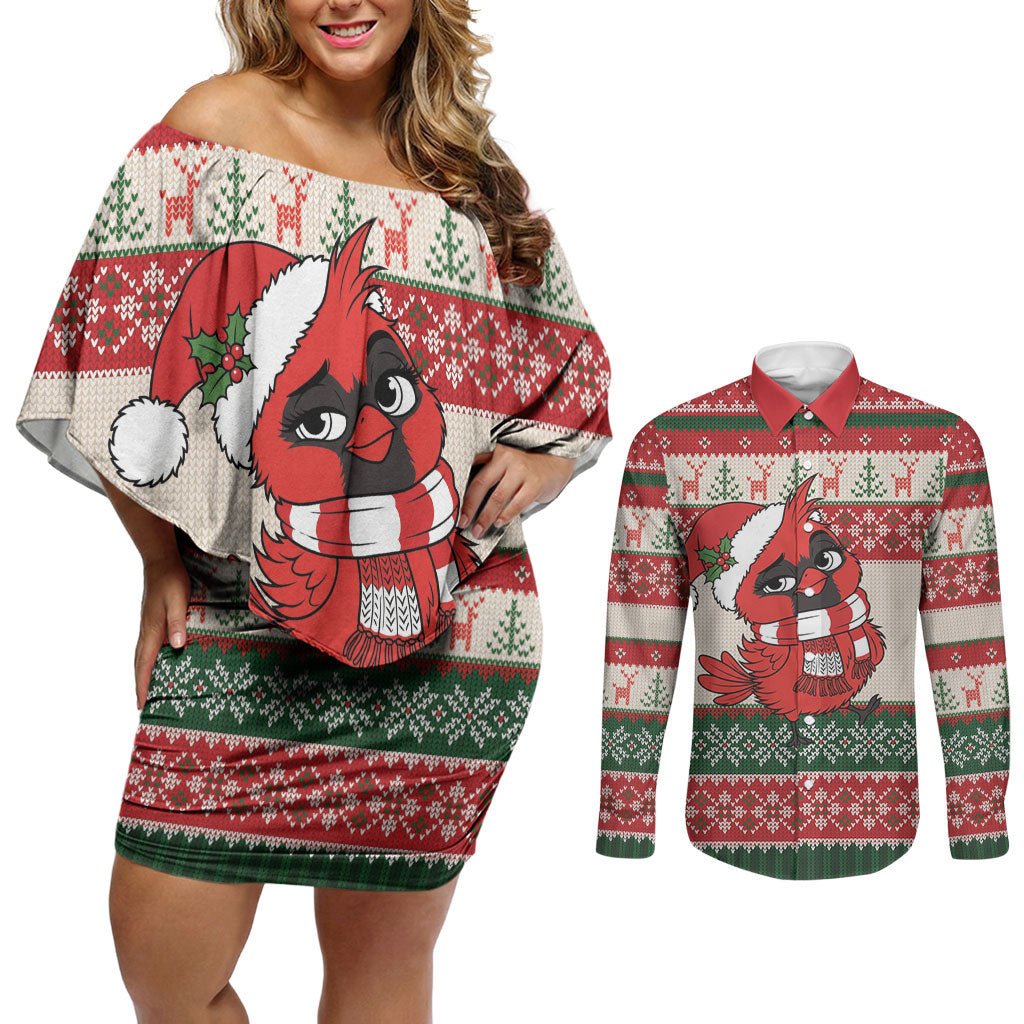 Aussie Cardinal Christmas Couples Matching Off Shoulder Short Dress and Long Sleeve Button Shirt Festive Knitted Pattern Inspired