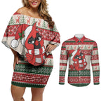 Aussie Cardinal Christmas Couples Matching Off Shoulder Short Dress and Long Sleeve Button Shirt Festive Knitted Pattern Inspired