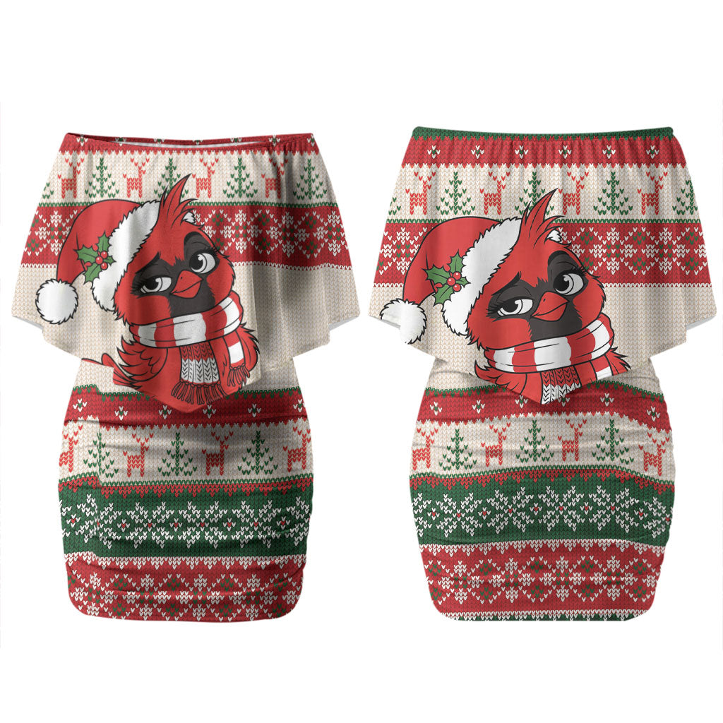 Aussie Cardinal Christmas Couples Matching Off Shoulder Short Dress and Long Sleeve Button Shirt Festive Knitted Pattern Inspired