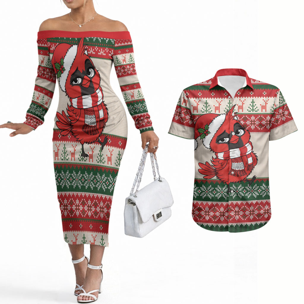 Aussie Cardinal Christmas Couples Matching Off The Shoulder Long Sleeve Dress and Hawaiian Shirt Festive Knitted Pattern Inspired