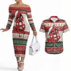 Aussie Cardinal Christmas Couples Matching Off The Shoulder Long Sleeve Dress and Hawaiian Shirt Festive Knitted Pattern Inspired