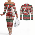 Aussie Cardinal Christmas Couples Matching Off The Shoulder Long Sleeve Dress and Long Sleeve Button Shirt Festive Knitted Pattern Inspired