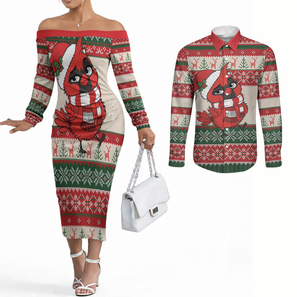 Aussie Cardinal Christmas Couples Matching Off The Shoulder Long Sleeve Dress and Long Sleeve Button Shirt Festive Knitted Pattern Inspired