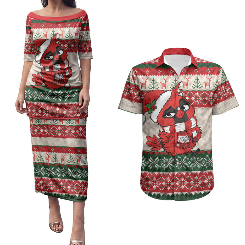 Aussie Cardinal Christmas Couples Matching Puletasi and Hawaiian Shirt Festive Knitted Pattern Inspired