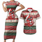Aussie Cardinal Christmas Couples Matching Short Sleeve Bodycon Dress and Hawaiian Shirt Festive Knitted Pattern Inspired