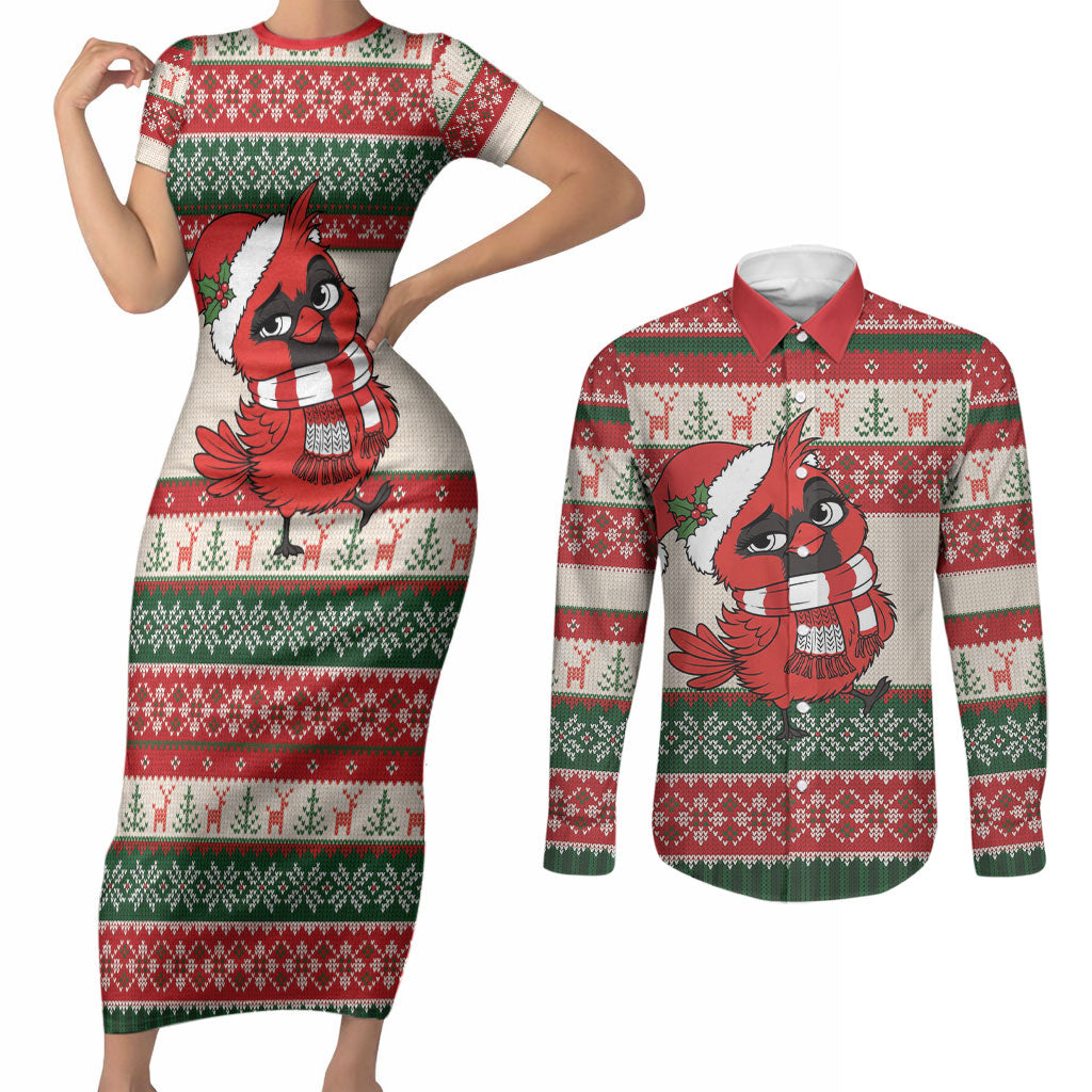 Aussie Cardinal Christmas Couples Matching Short Sleeve Bodycon Dress and Long Sleeve Button Shirt Festive Knitted Pattern Inspired