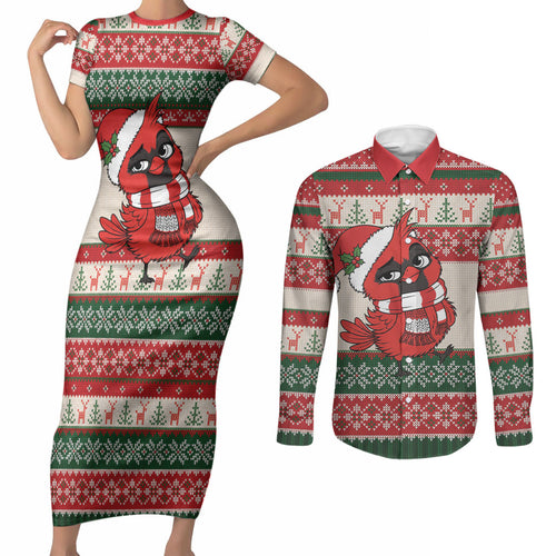 Aussie Cardinal Christmas Couples Matching Short Sleeve Bodycon Dress and Long Sleeve Button Shirt Festive Knitted Pattern Inspired