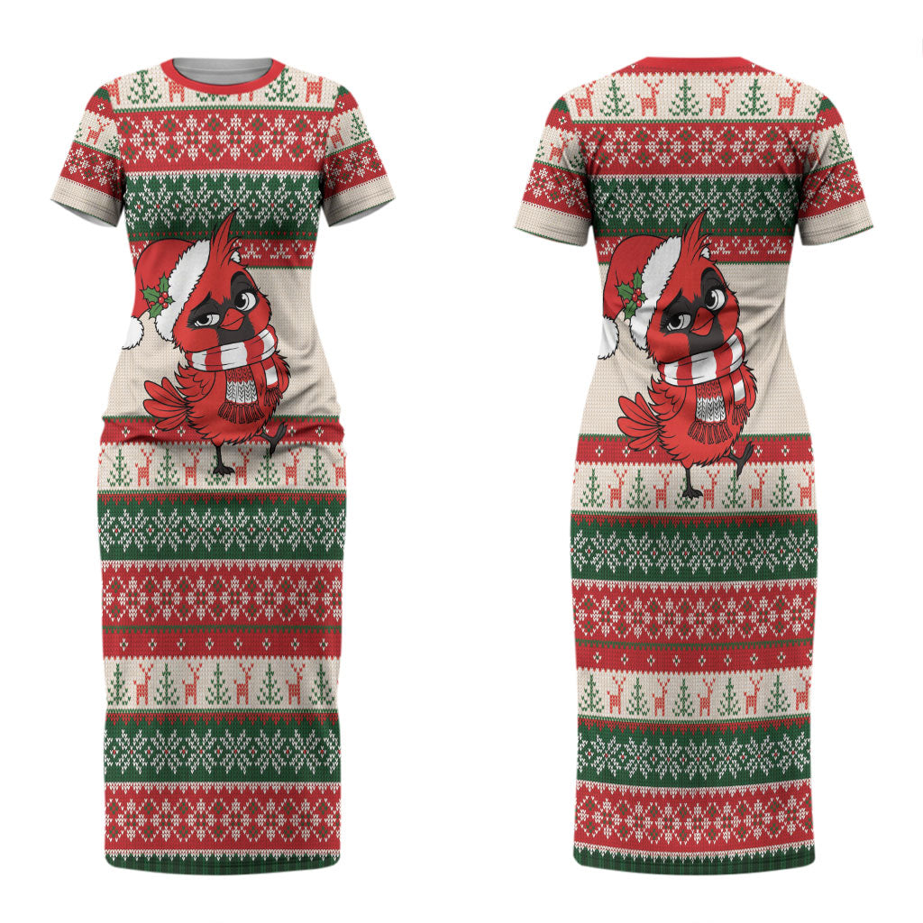 Aussie Cardinal Christmas Couples Matching Short Sleeve Bodycon Dress and Long Sleeve Button Shirt Festive Knitted Pattern Inspired