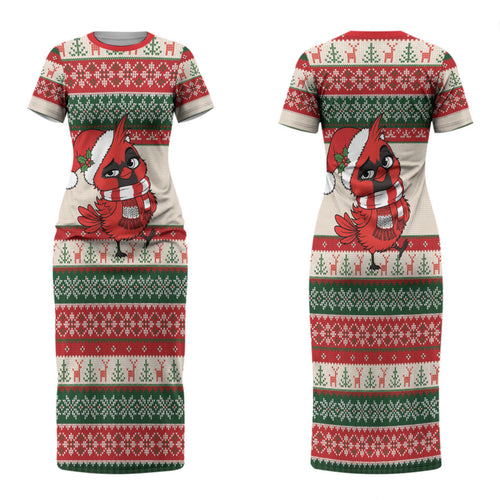 Aussie Cardinal Christmas Couples Matching Short Sleeve Bodycon Dress and Long Sleeve Button Shirt Festive Knitted Pattern Inspired